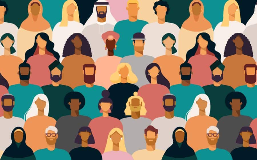 Diverse group of stylised people in colourful attire